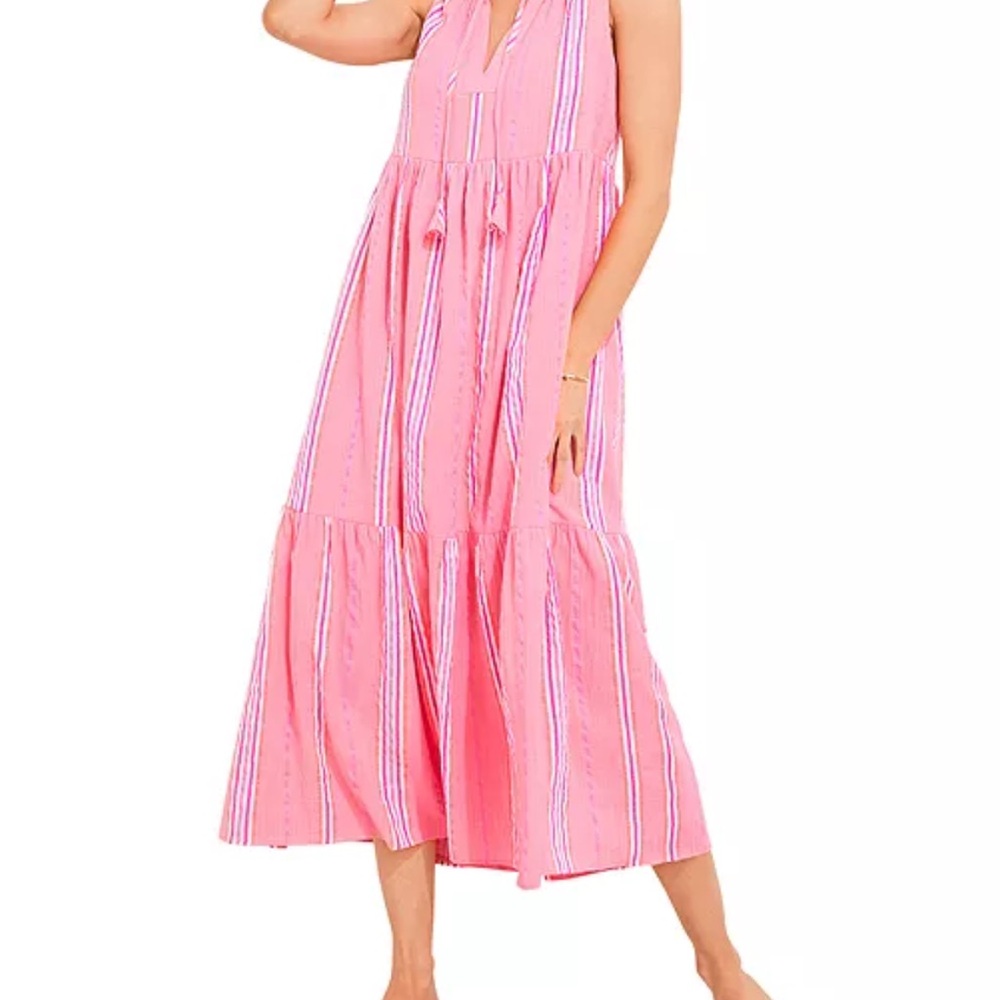 Vineyard Vines Neon Pop Striped Tiered Midi Dress Size L